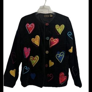 Allure Black sweater with colorful appliqué hearts Valentines Day